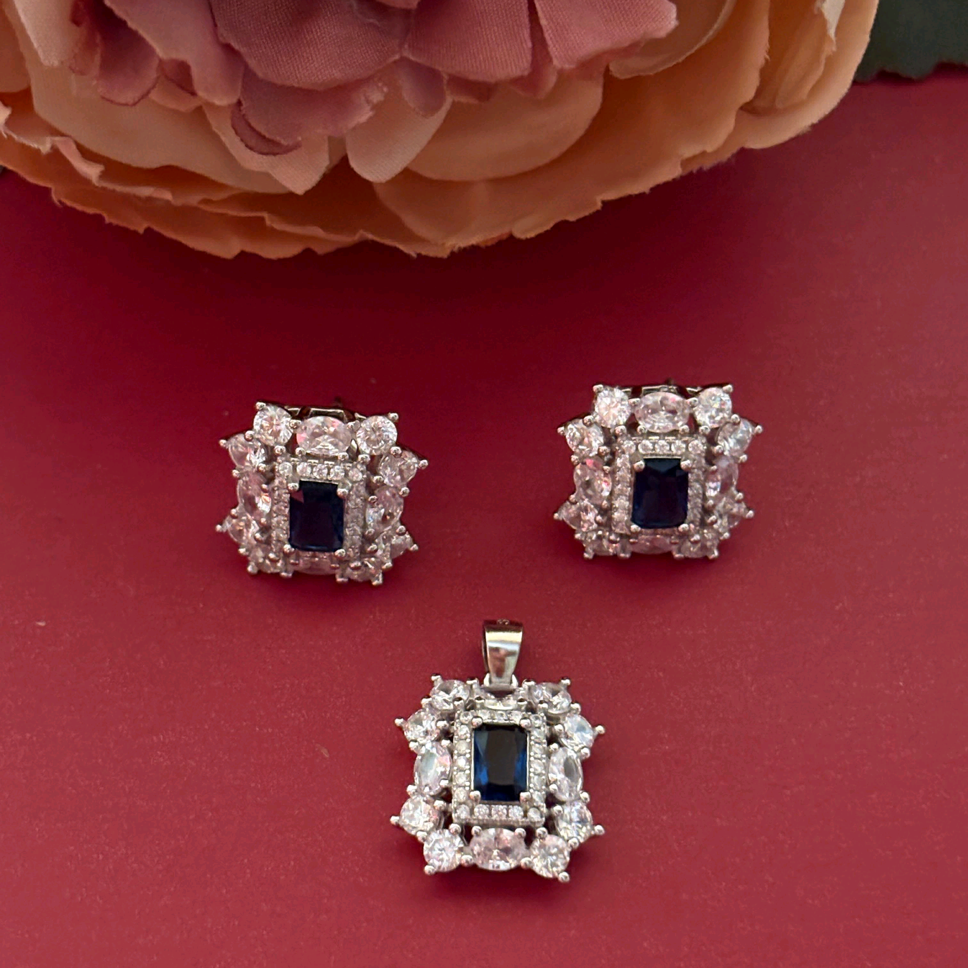 Blue CZ Silver Pendant Set 