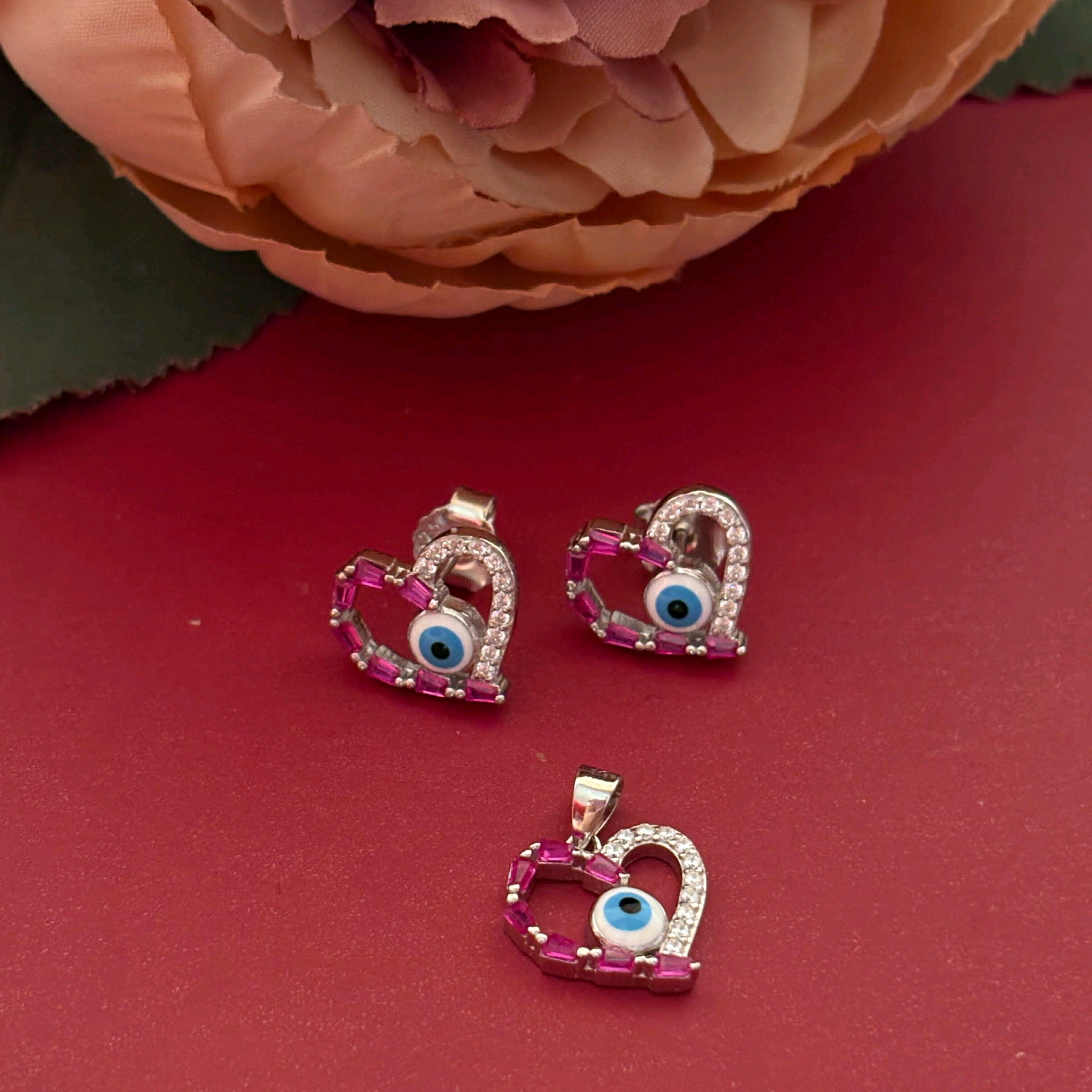 Evil Eye Pink CZ Pendant Set 