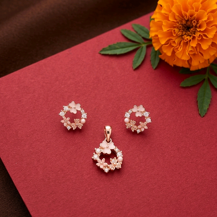 Pink Floral CZ Pendant Set 
