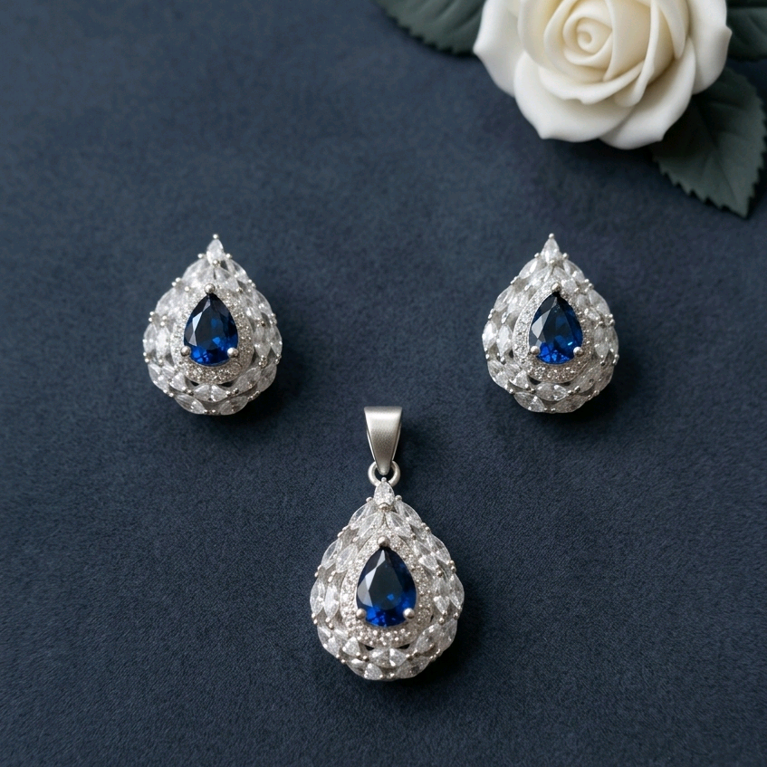 Blue Sapphire Pear Shape Pendant Set 