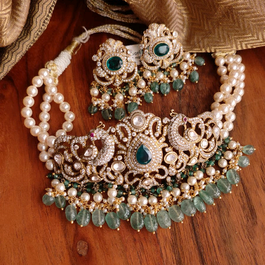 Real Moissanite and Faux Emerald Choker Set