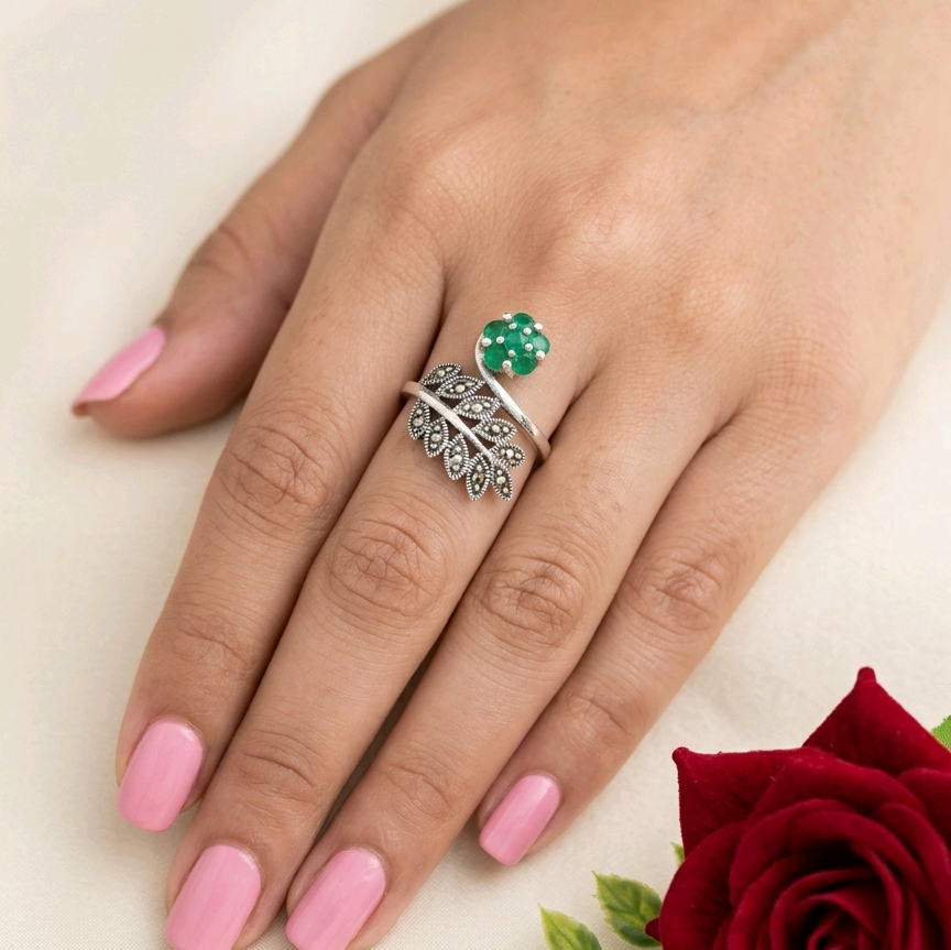 Marcasite Green Flower Ring