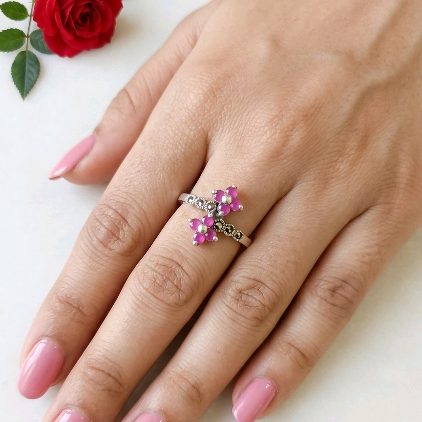 Pink Floral Marcasite Ring 