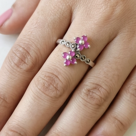Pink Floral Marcasite Ring 