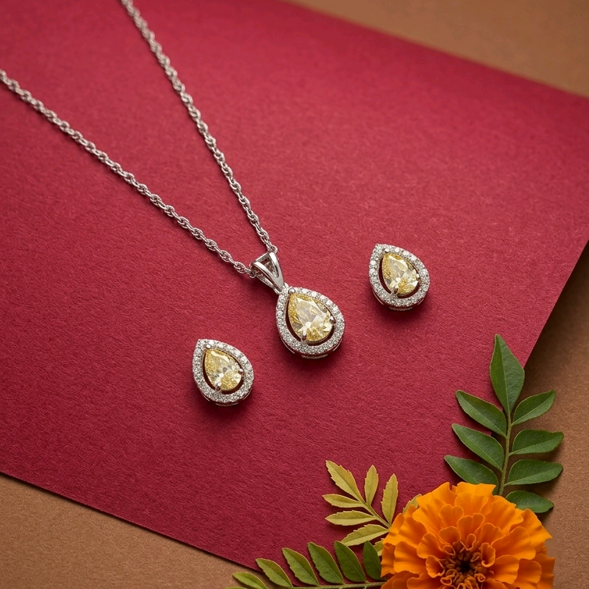 Yellow Swarovski Silver Pendant Set 