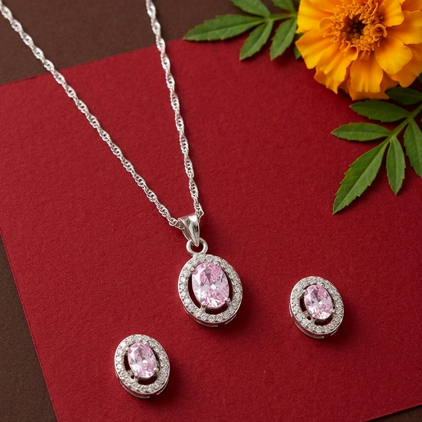 Pink Oval Swarovski Silver Pendant Set 