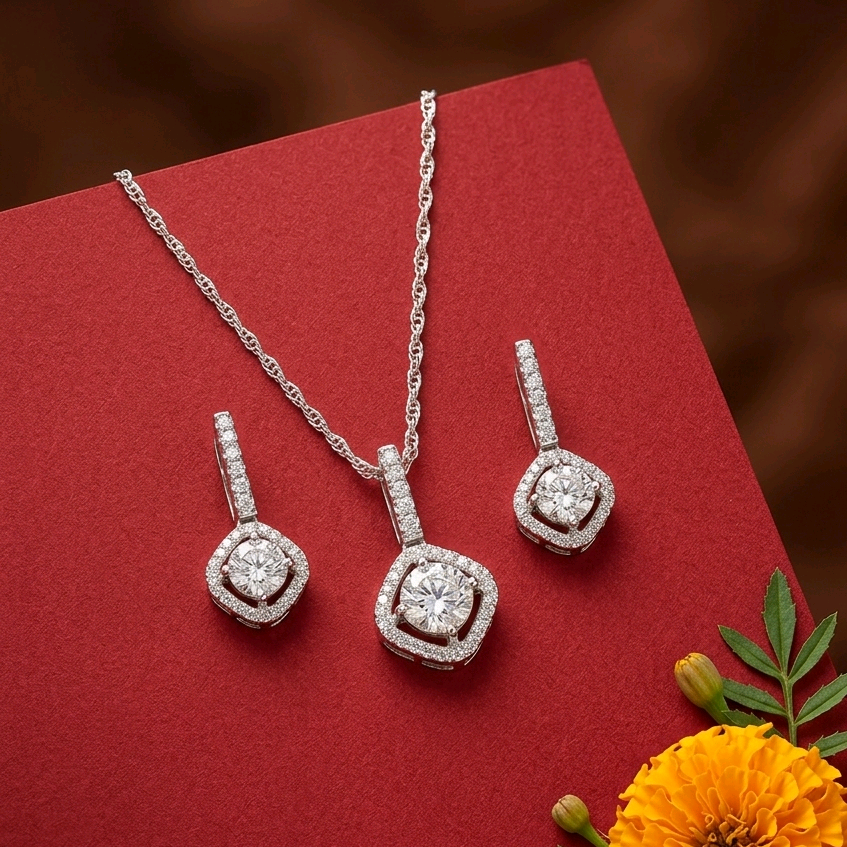 White Square Swarovski Silver Pendant Set 