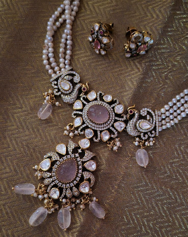 Rose Quartz Moissanite Necklace Set