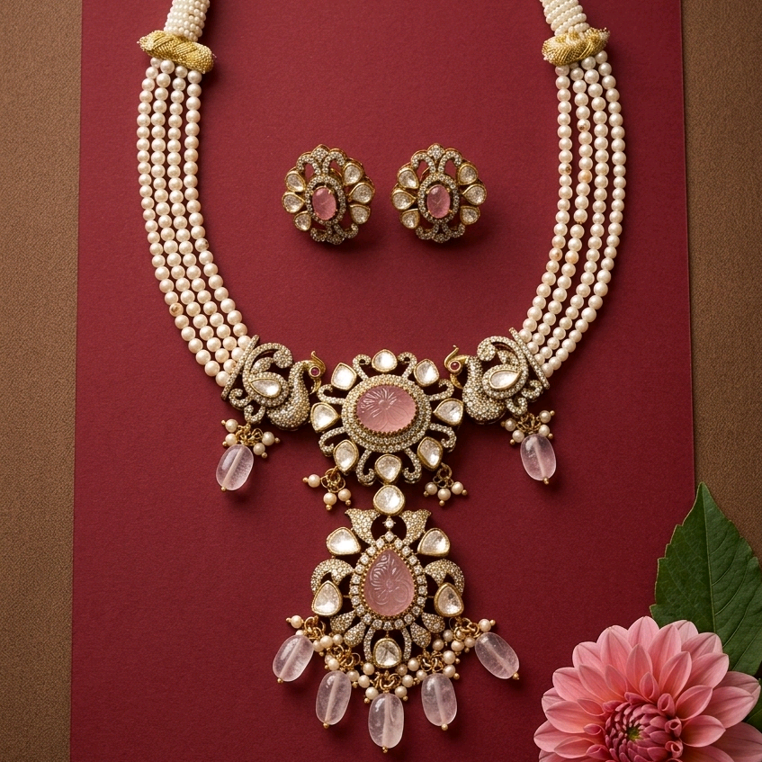Rose Quartz Moissanite Necklace Set
