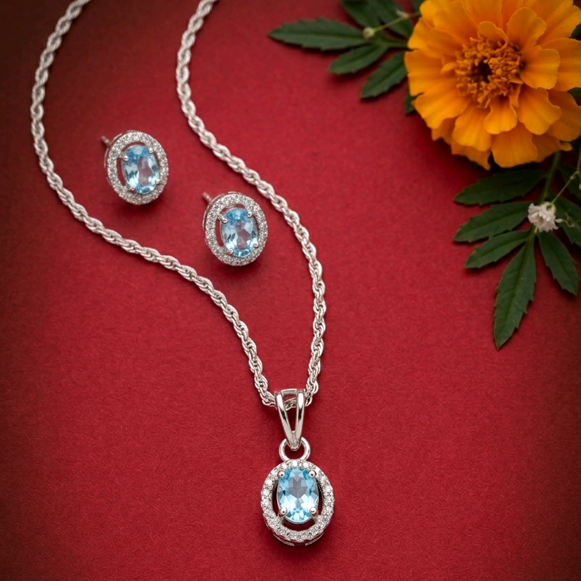 Oval Swarovski Blue Pendant Set