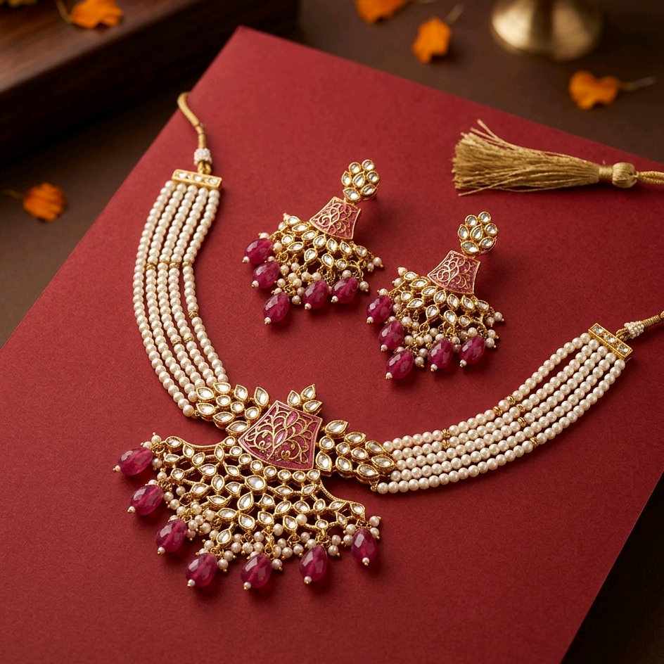 Pink Enamel Kundan Choker Set