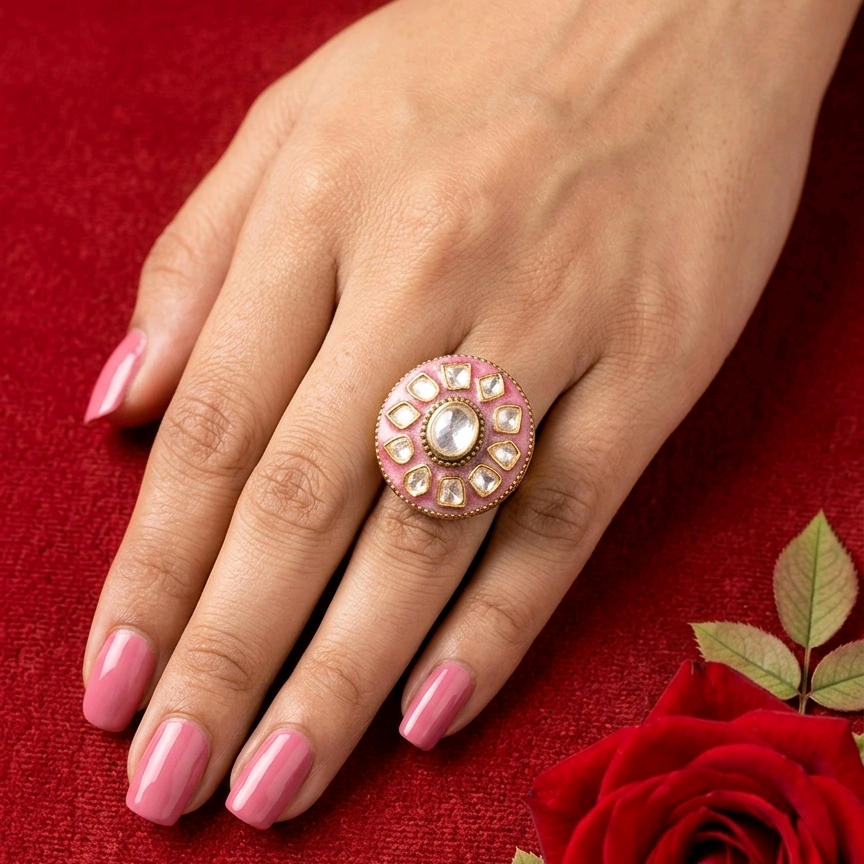 Pink Enamel Kundan Ring 