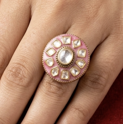 Pink Enamel Kundan Ring 