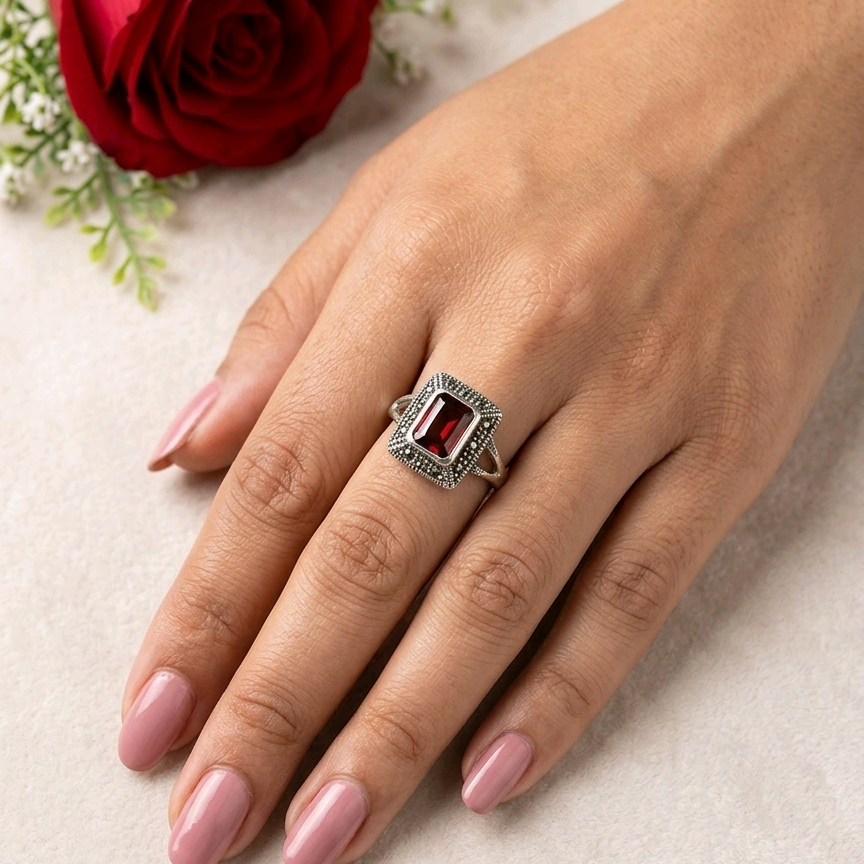 Square Garnet Marcasite Ring