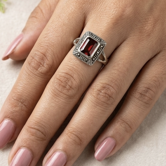 Square Garnet Marcasite Ring
