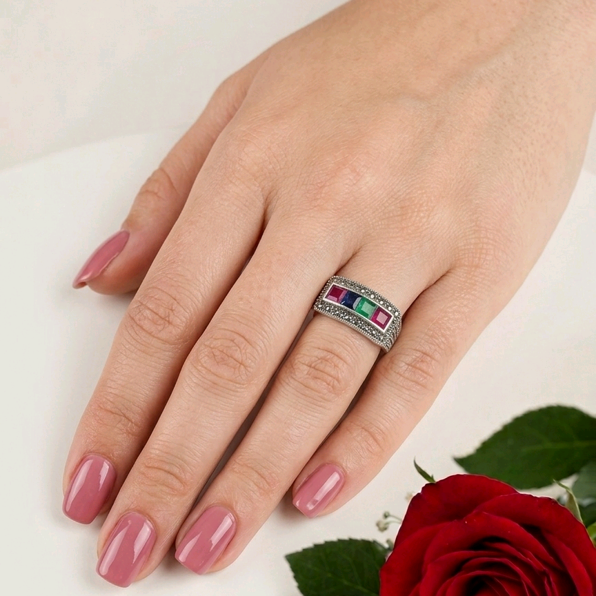 Multi Gemstone Marcasite Ring