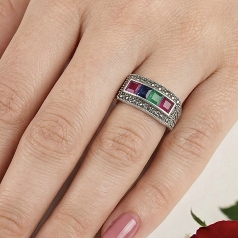 Multi Gemstone Marcasite Ring