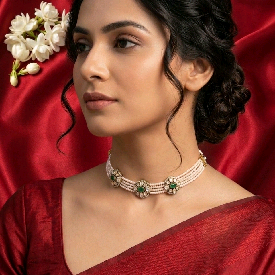 Traditional Multi Strand Pearl -Moissanite Choker 