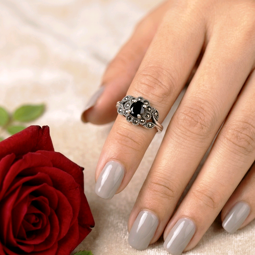 Black Onyx Marcasite Silver Ring