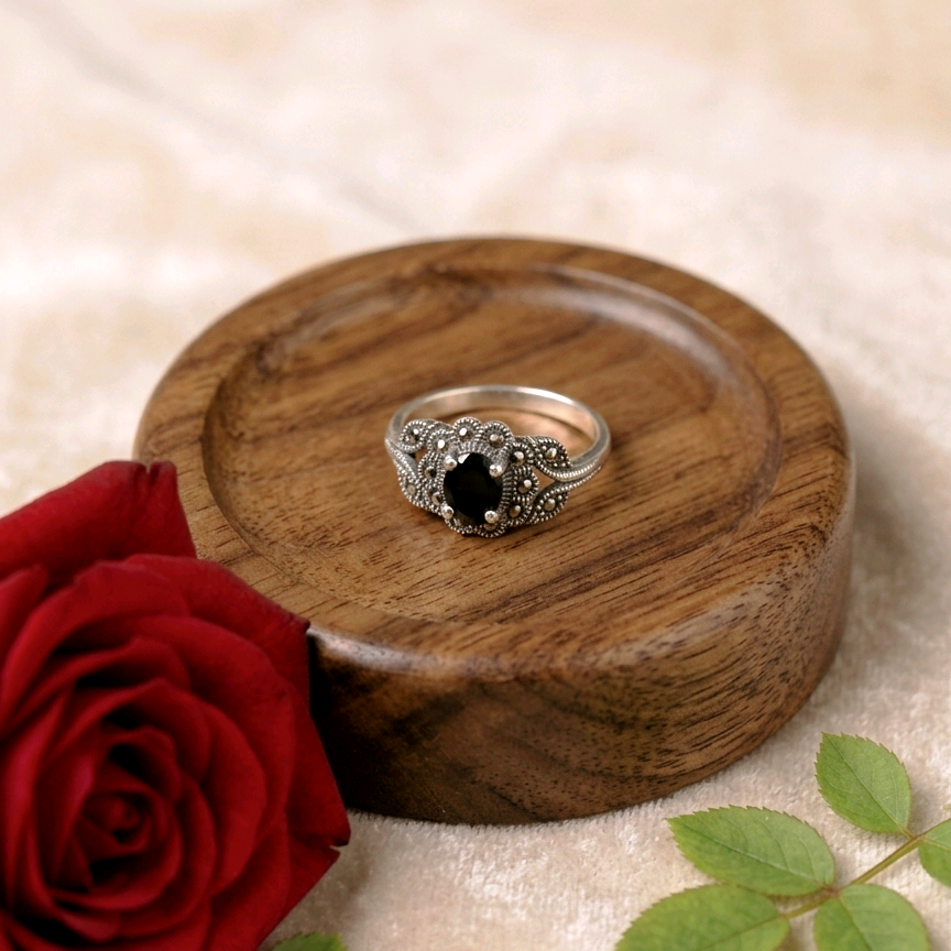 Black Onyx Marcasite Silver Ring