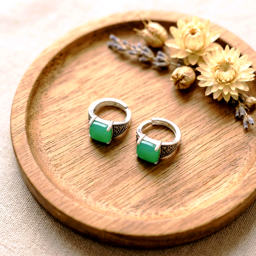 Green Agate Marcasite Hoop Earrings