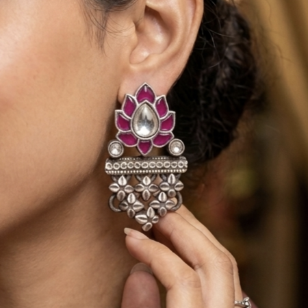 Sterling Silver Pink Lotus Dangler Earrings