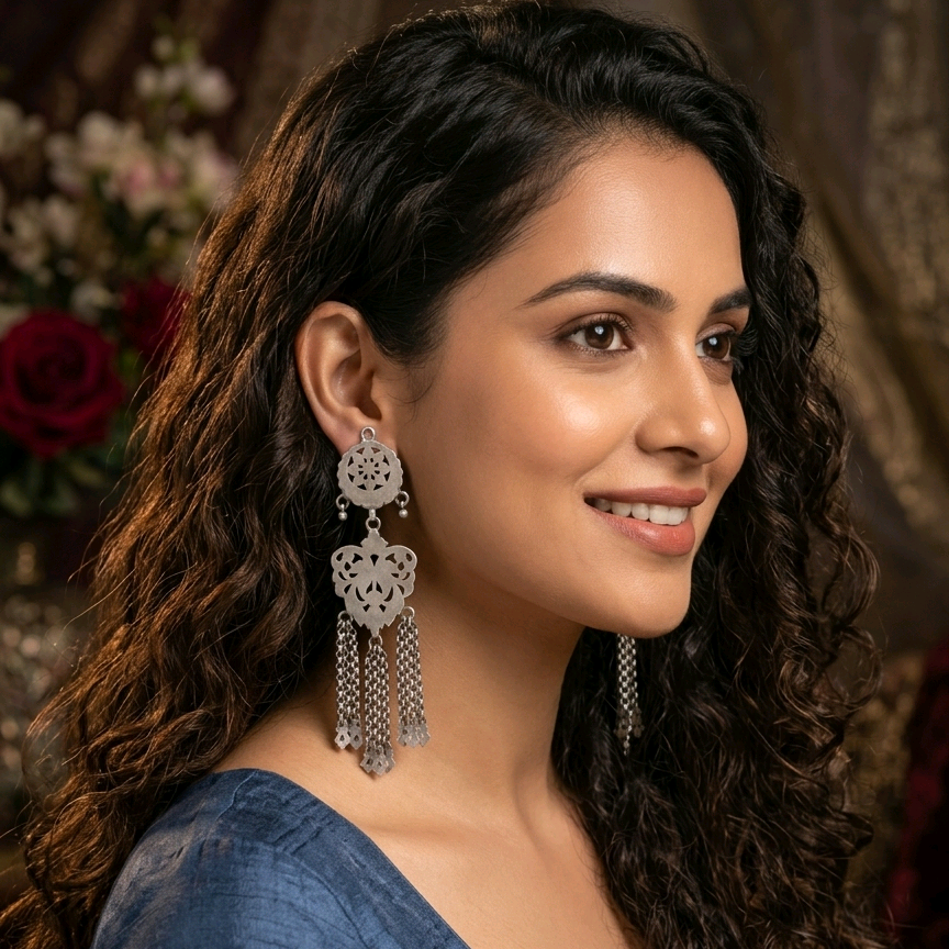 Kashmiri Filigree Silver Chain Danglers 