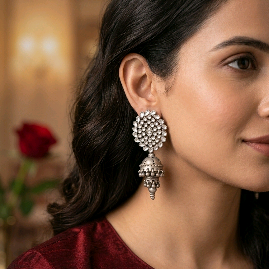 Silver Polki Floral Earrings 