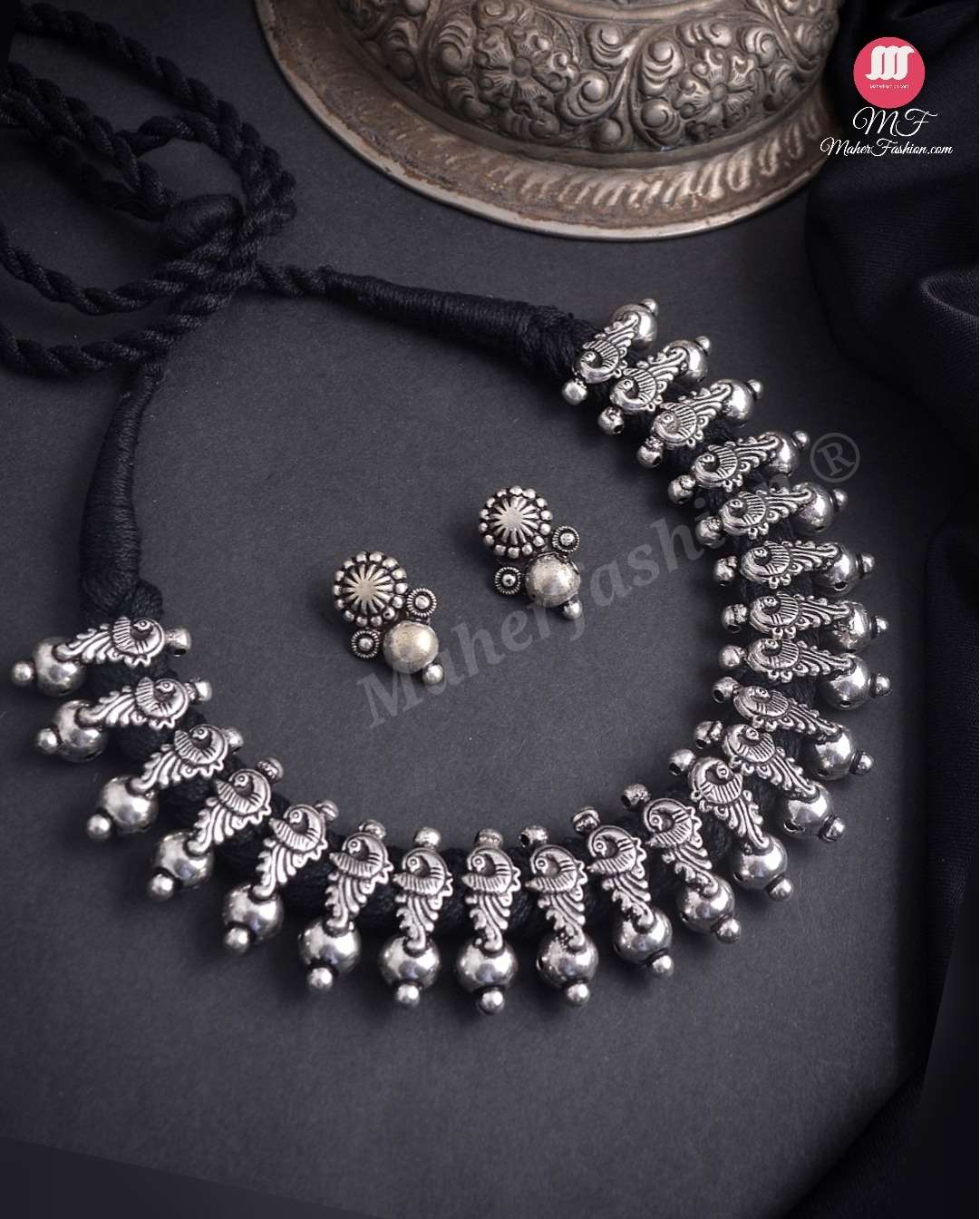 Greman Silver Oxidised Black Thread Necklace|Maherfashion