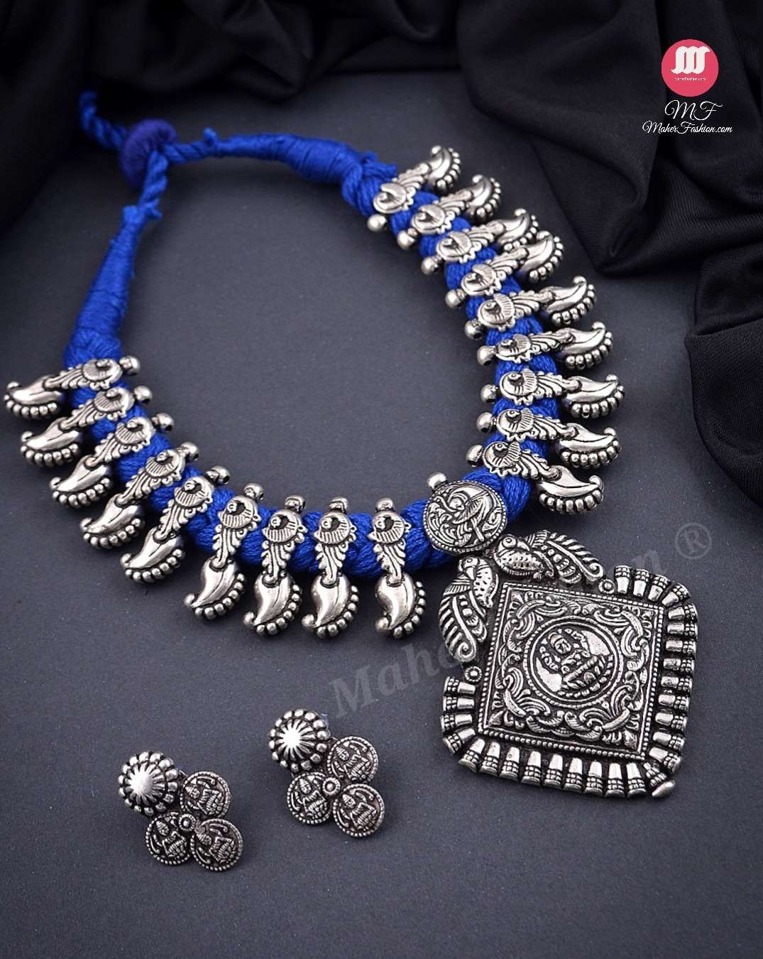 Laxmi Pendant Sky-Blue Thread Oxidise Necklace |Maherfashion
