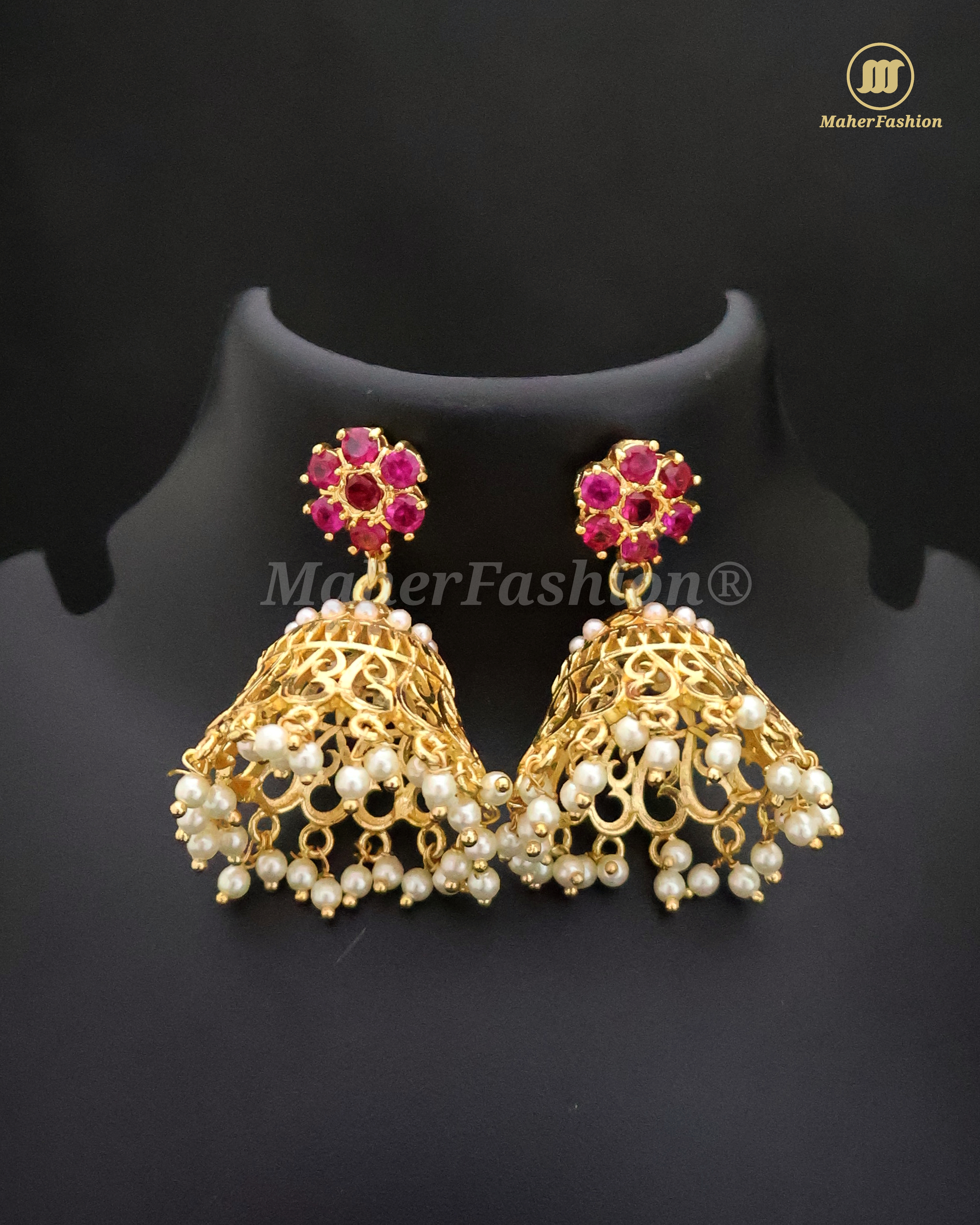 Red Colour Gold Finish Traditional Zumki Earrings For Girls Fancy