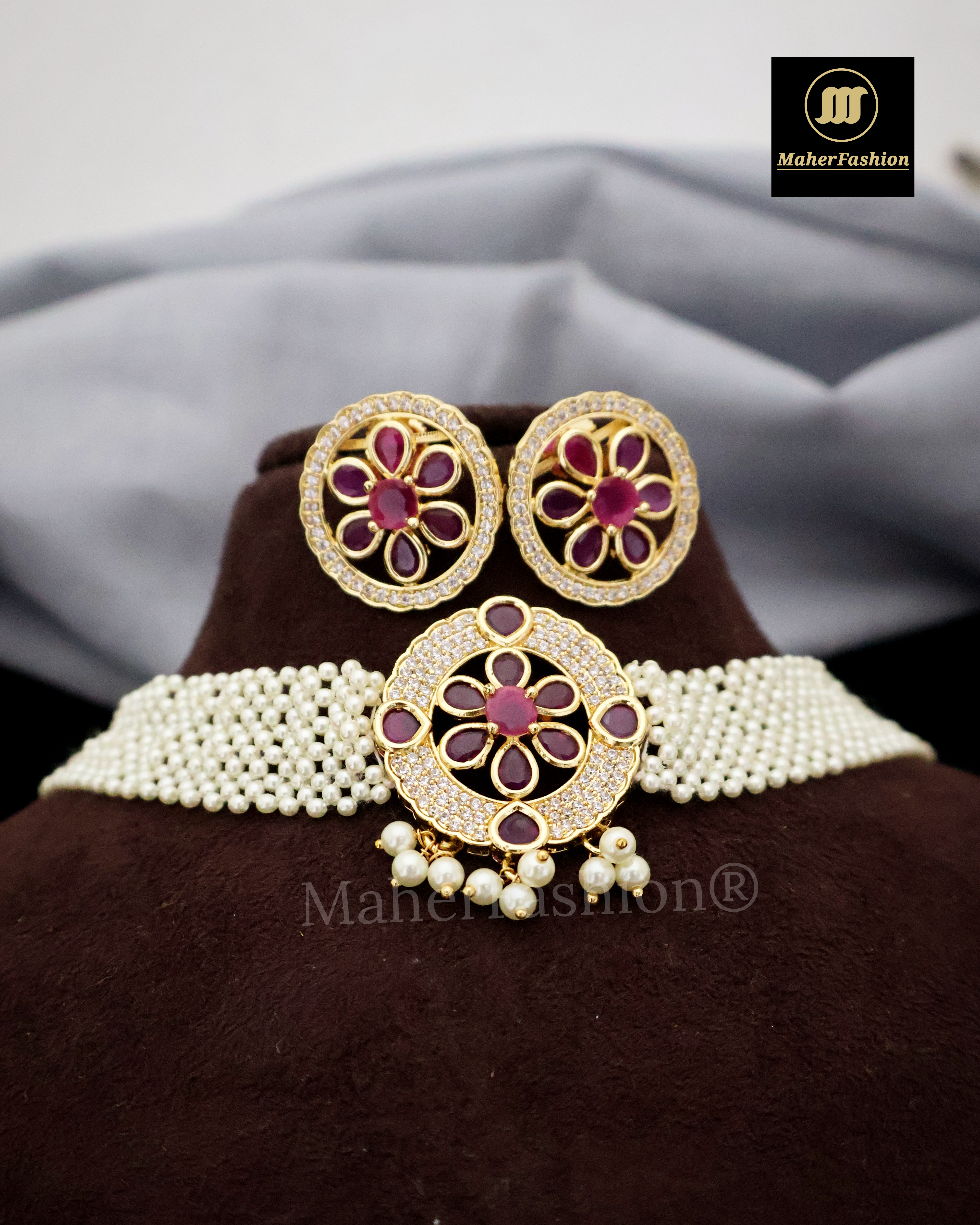 Designer Premium American Diamond Necklace with Precious Pearl