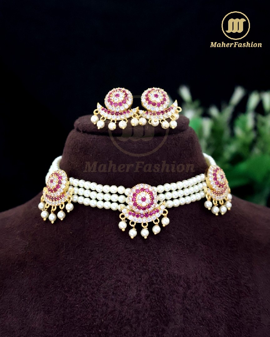 Pink Gold Plated Kundan & Pearl Choker Necklace Set For Women